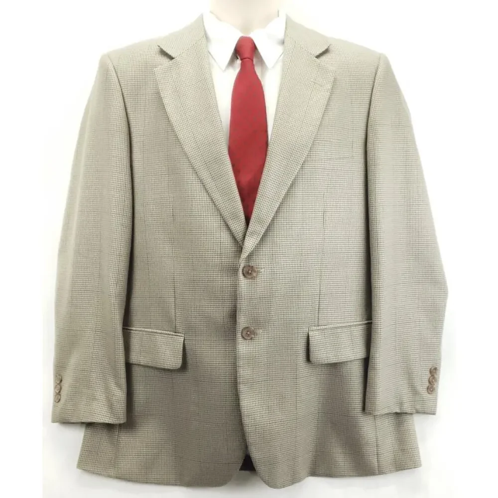 Alan Flusser Blazer Sport Coat Mens 40S Beige Houndstooth Silk Wool Formal